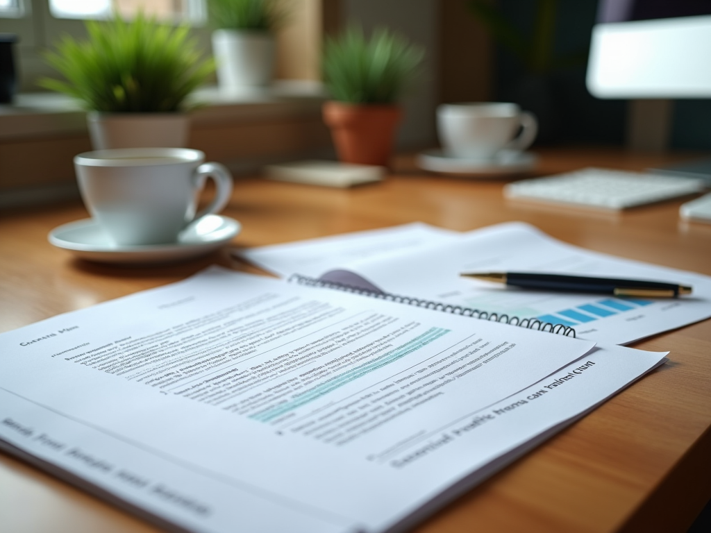 Desk with documents, a cup of coffee, and potted plants in an office setting.