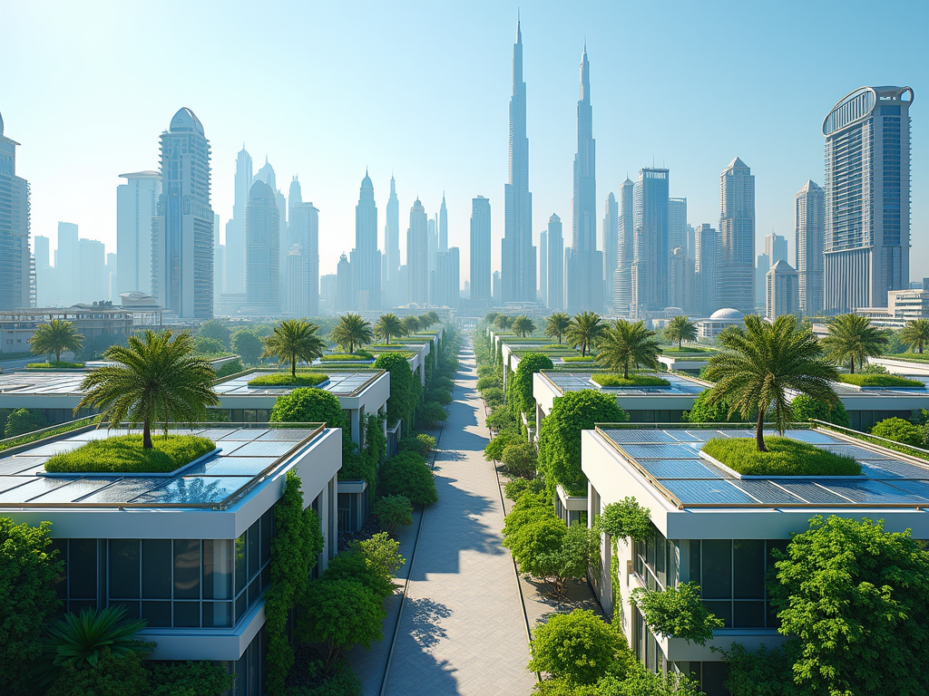 A modern cityscape with skyscrapers and green homes featuring rooftop gardens and solar panels under a clear sky.