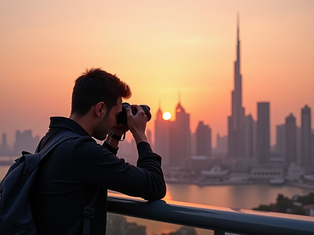 Man photographing city skyline at sunset, with skyscrapers silhouetted against an orange sky.