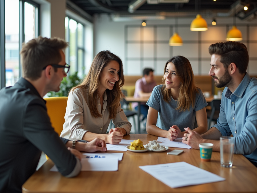 Four professionals engaging in a cheerful meeting at a modern office cafeteria.