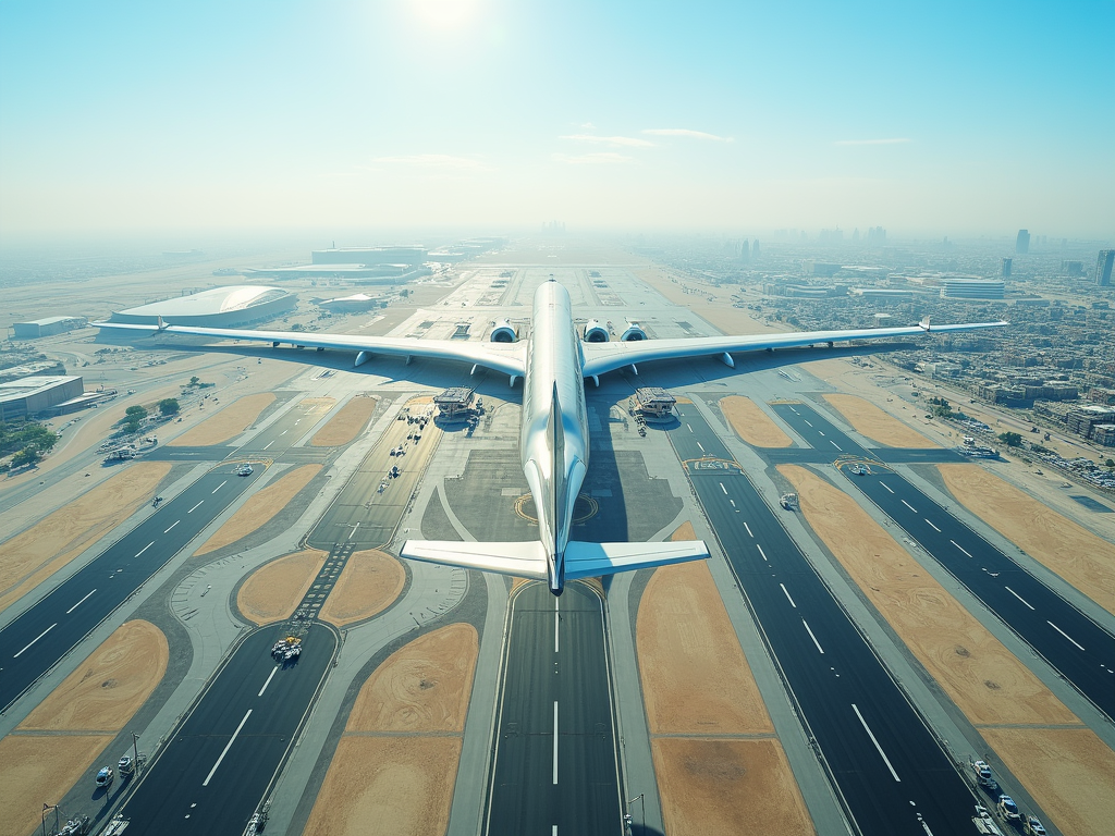 Aerial view of a large airplane above an airport runway, with a city skyline in the distance.