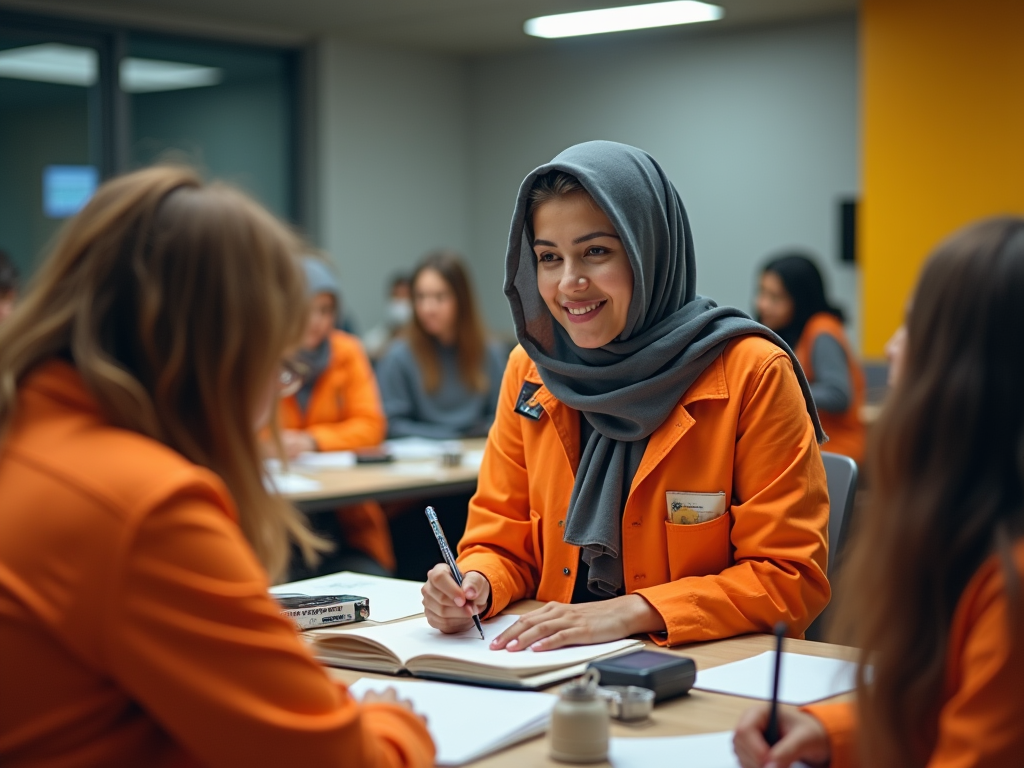 Smiling woman in hijab and orange blazer sitting at a table in a classroom with peers.