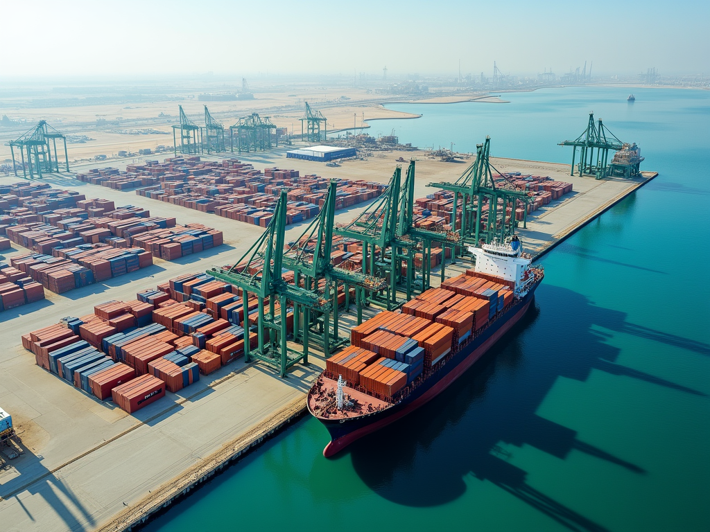 Aerial view of a busy port with a ship loaded with containers and cranes lining the dock.