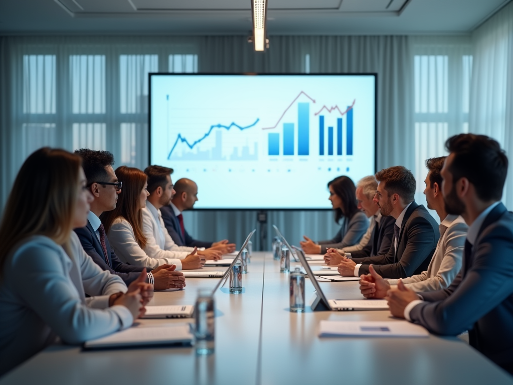 Business professionals attentively viewing a presentation with graphs on a screen in a modern conference room.