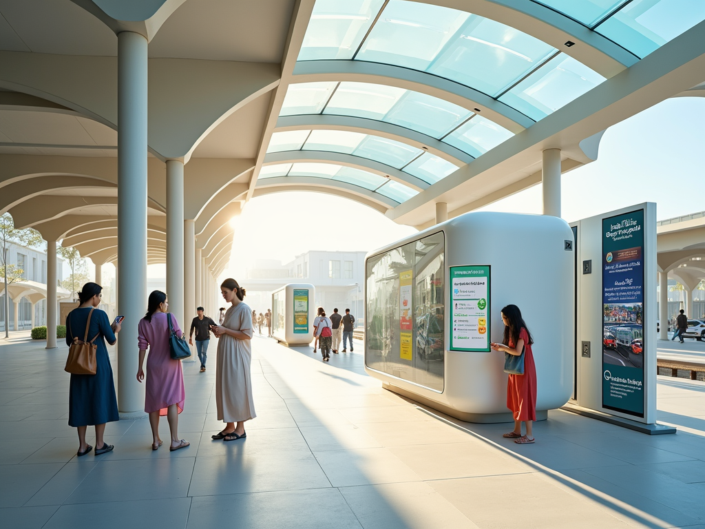 A modern walkway with people interacting, digital displays, and sunlight filtering through an arching glass roof.