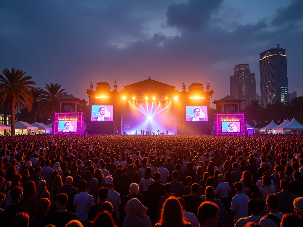 Outdoor music festival at dusk with large crowd facing a lit stage and city skyline in the background.