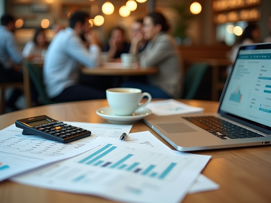 A calculator, laptop with charts, and coffee cup on a table at a busy coffee shop with people in the background.