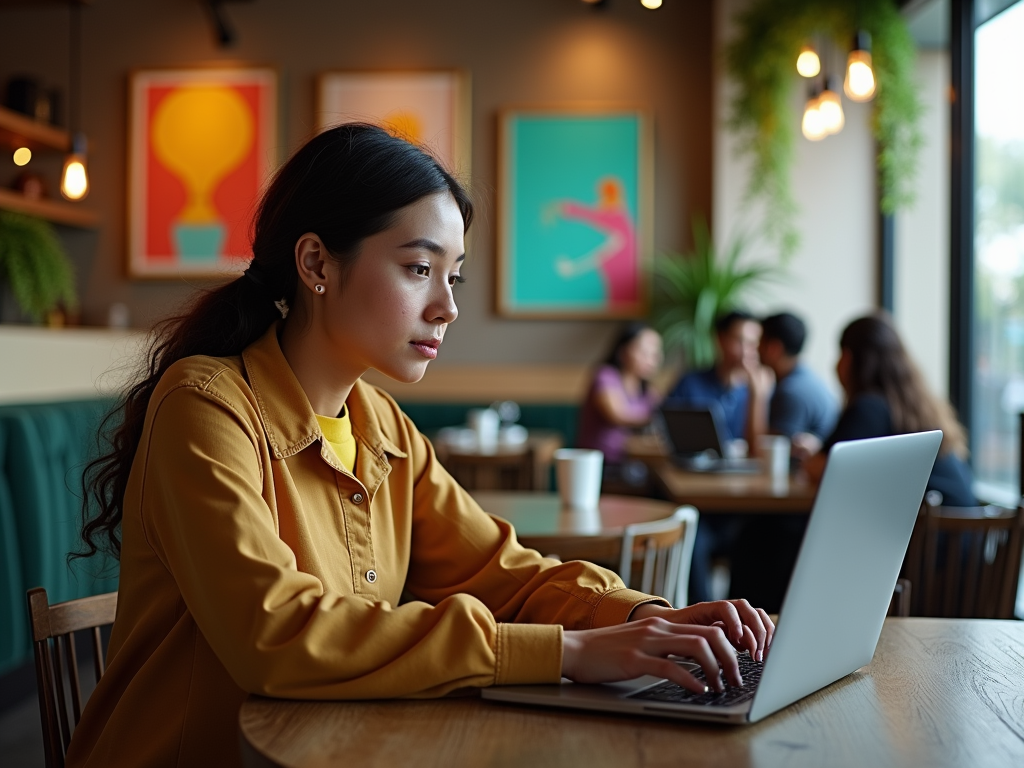 A young woman in a mustard-colored shirt focuses on her laptop in a cozy café, with people chatting in the background.