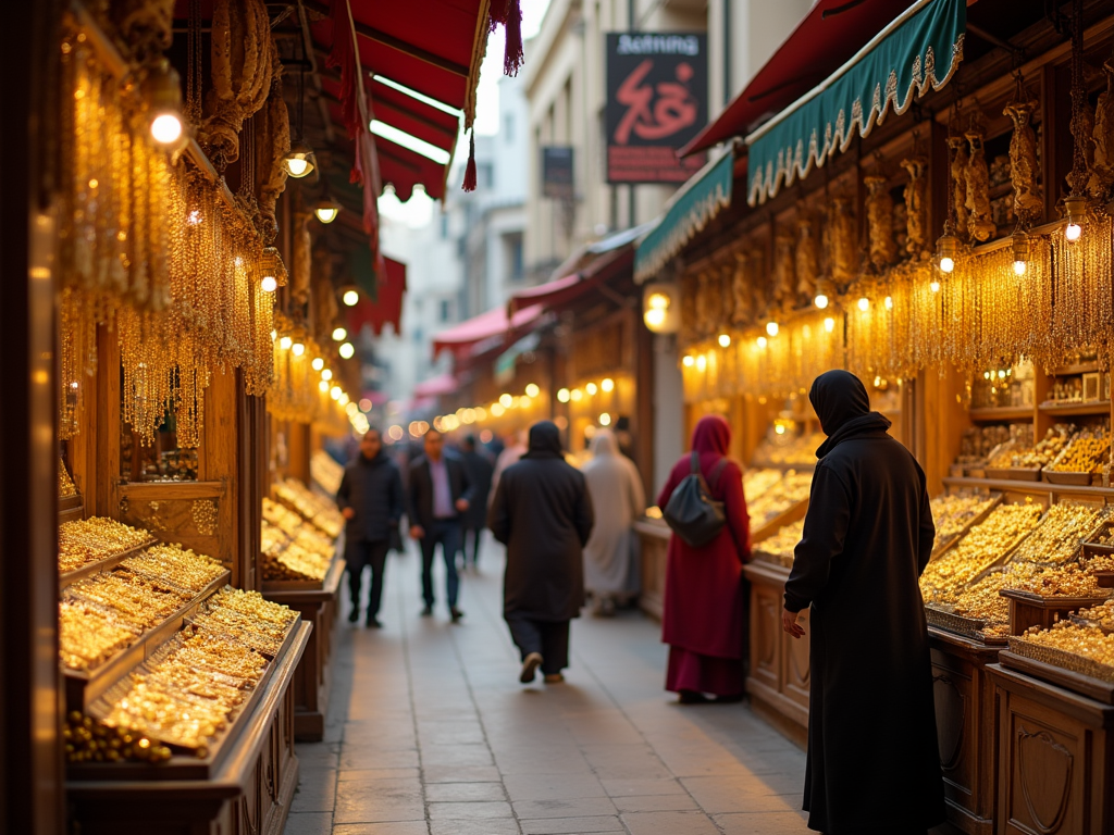 People browsing jewelry at a vibrant market with illuminated golden shops.