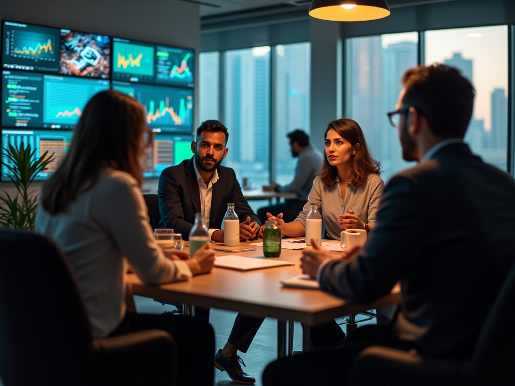 Business colleagues discussing data in a high-tech office with multiple screens displaying graphs.