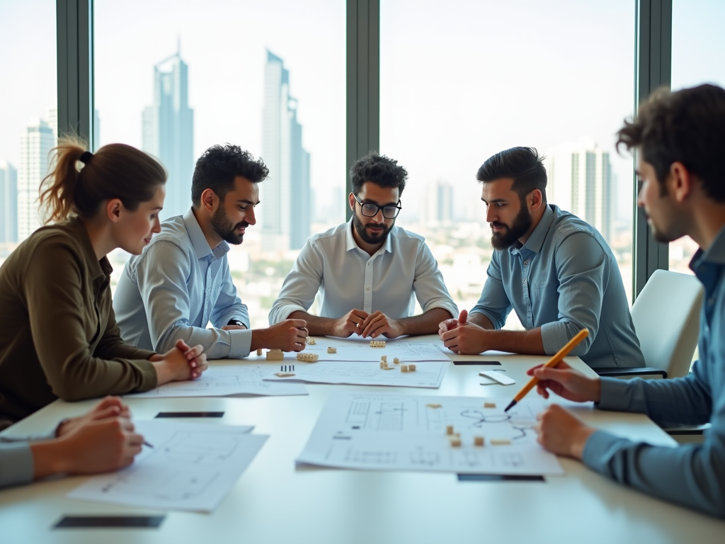 Diverse team collaborating around a table with plans, in a high-rise office overlooking a cityscape.