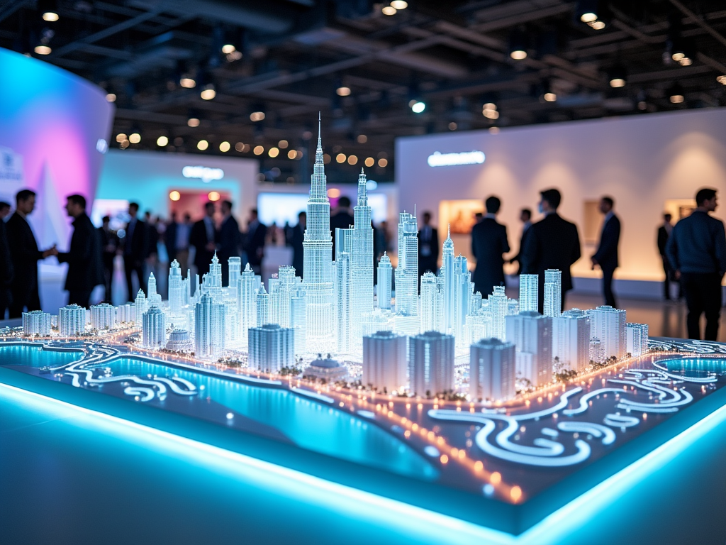 A detailed miniature cityscape model illuminated with blue light, with people engaged in conversation in the background.