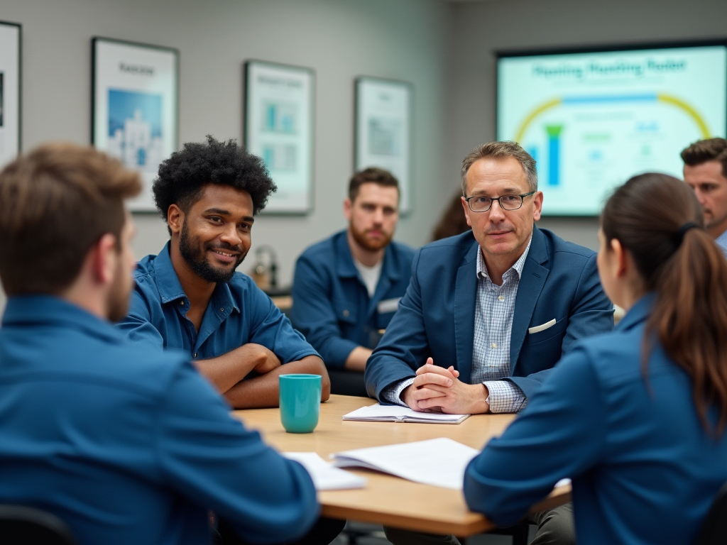 Business meeting with diverse team discussing around a table with presentation in background.