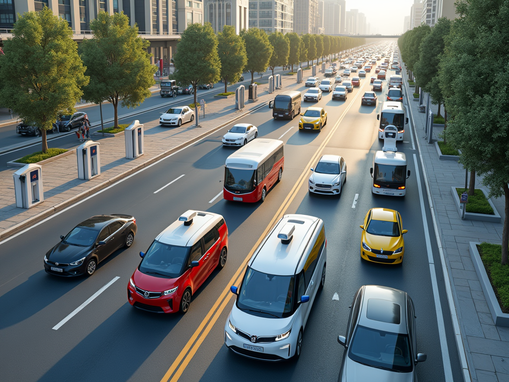 A busy city street filled with various cars and buses, lined with trees and modern buildings in the background.