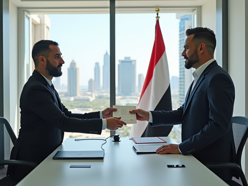 Two businessmen exchanging a document across a table in an office with a cityscape and flag in the background.