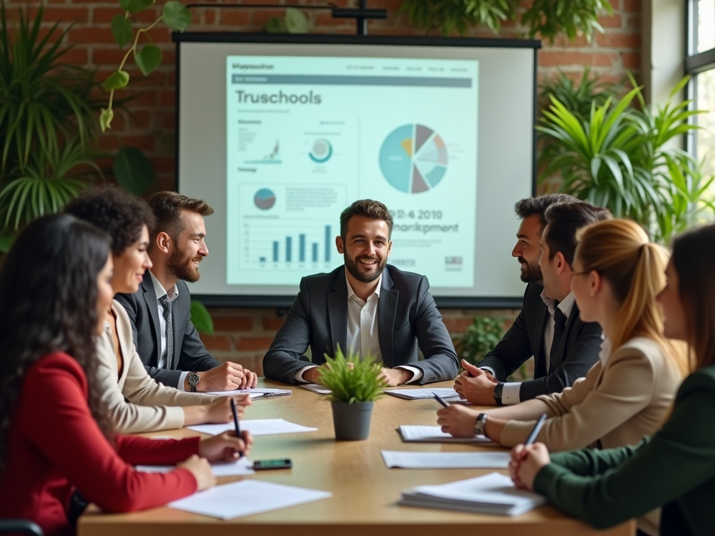 A diverse group of professionals engages in a meeting, discussing data displayed on a projector screen.