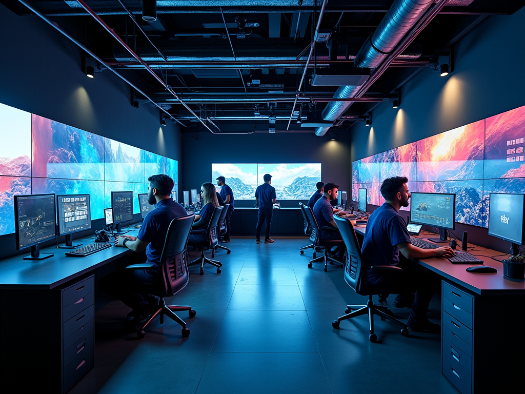 Modern gaming room with people at computers, large screens displaying landscapes, moody blue lighting.