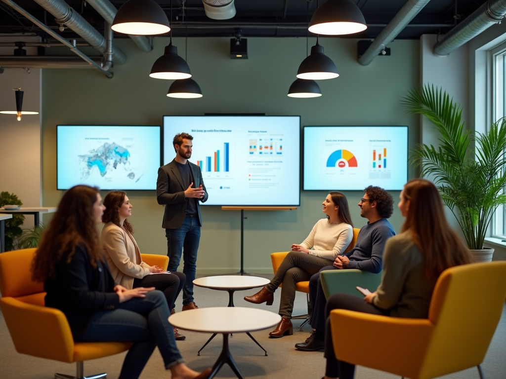 Businessman presenting data analysis to attentive colleagues in a modern office setting.