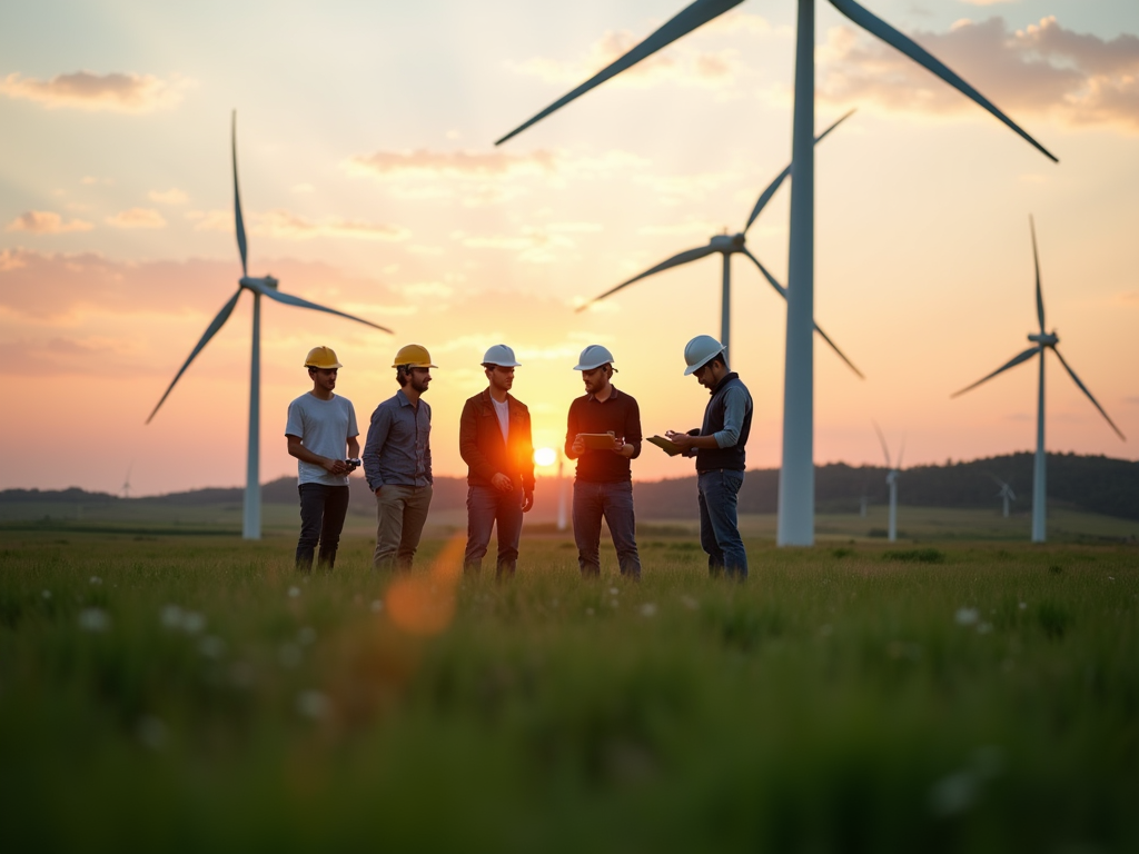 Five individuals in hard hats discuss plans in a field of wind turbines during sunset.