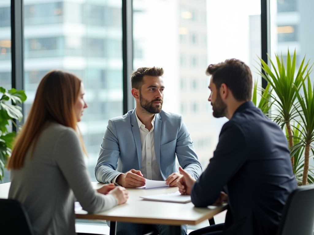 Three professionals having a discussion at a table in a modern office with large windows.