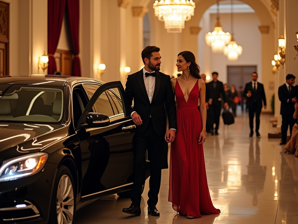 Elegant couple exiting car at a formal event in a grand hallway illuminated by chandeliers.