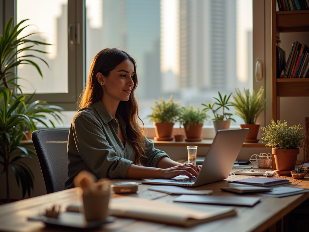 A young woman works on a laptop at a desk surrounded by plants and books, with a city skyline in the background.