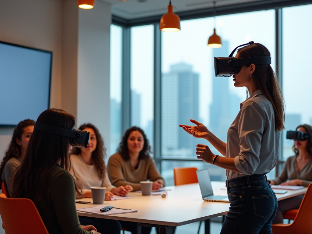 A woman presents to a group wearing VR headsets in a modern office with a city view.