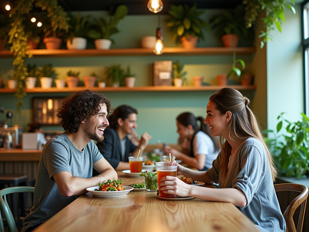 Two people smiling and talking over meals in a cozy, plant-filled cafe.