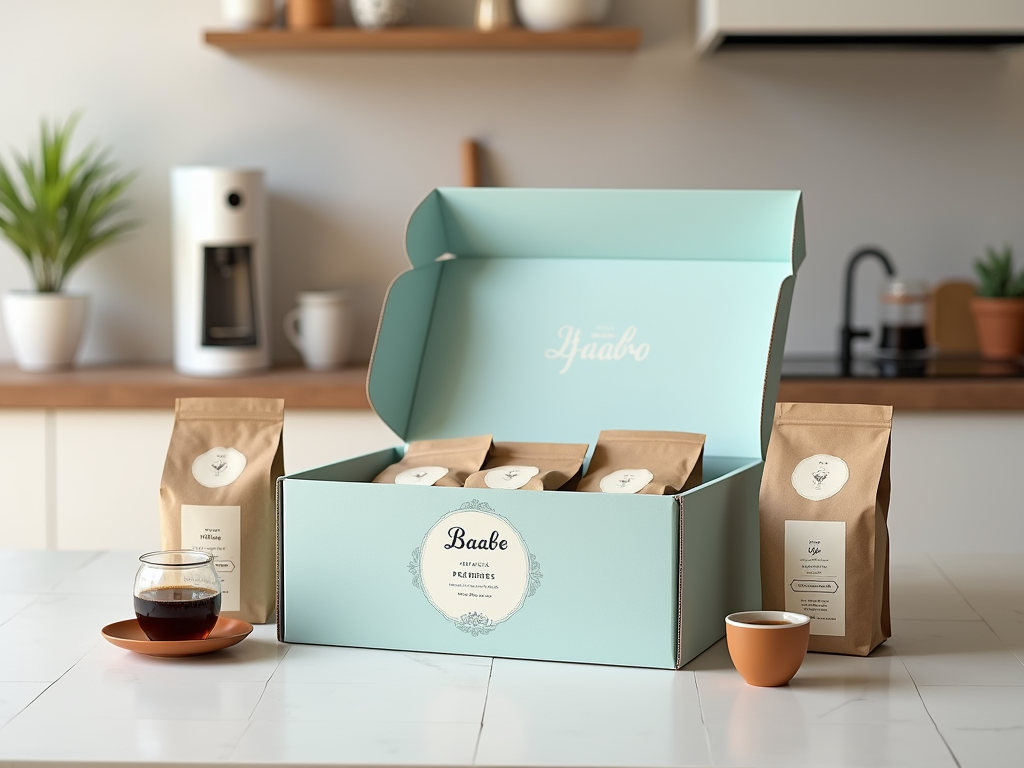 A light blue box labeled "Baabe" contains coffee bags, with a glass and brown cup on a white table.