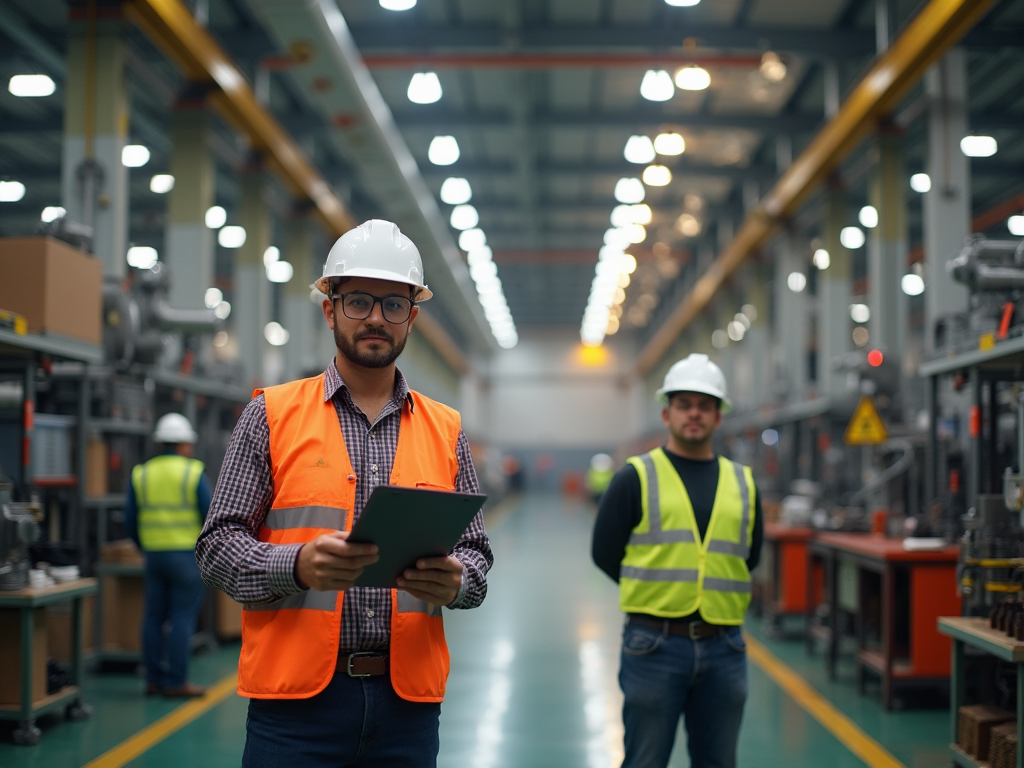 Two engineers in high visibility vests and helmets in an industrial setting, one holding a clipboard.