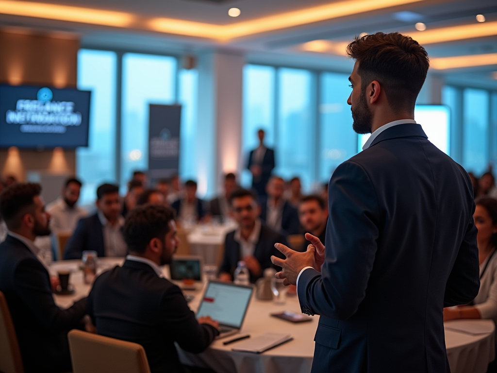 Man presenting to a group of attentive professionals in a modern conference room.