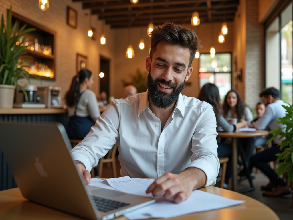 Man with beard working on laptop in a busy café, smiling as he reviews documents.