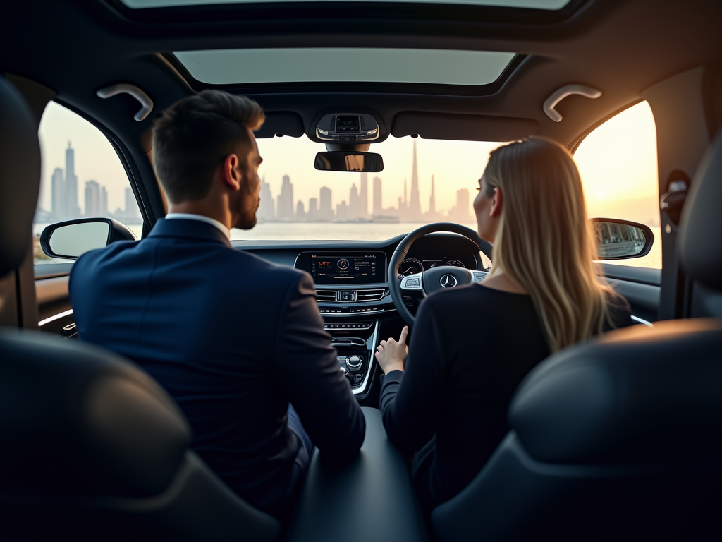 A man and a woman sit in a luxury car, overlooking a city skyline at sunset, with the ocean in the foreground.