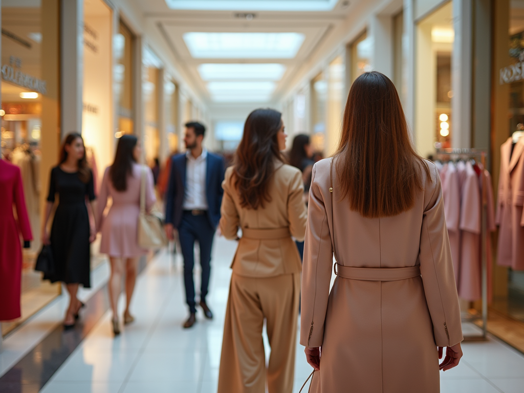 Woman in a beige coat walking through a bustling shopping mall.