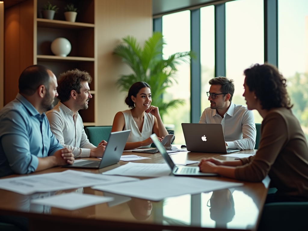 A team of five professionals in a business meeting, discussing work with laptops and documents on the table.