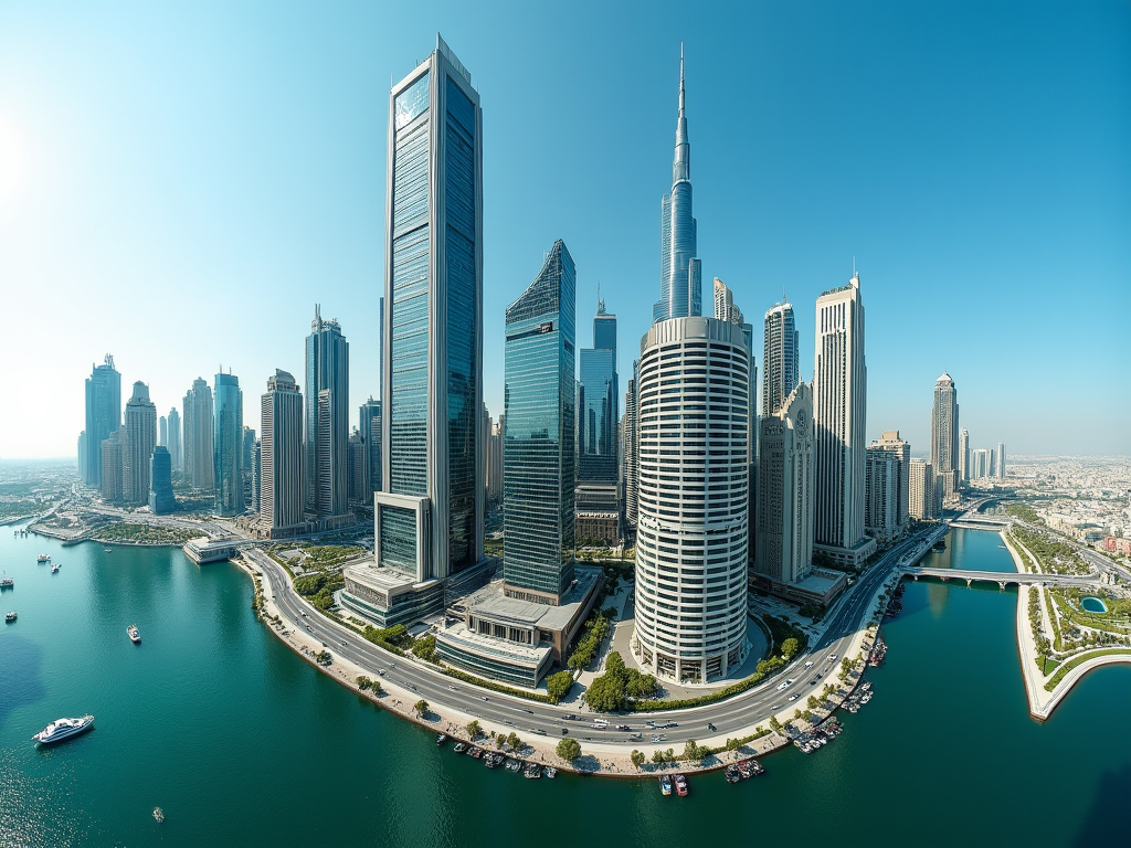 Panoramic view of a modern city skyline with tall skyscrapers and a winding waterfront.