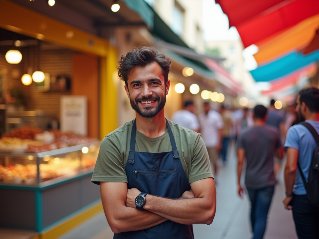 Smiling man in apron stands confidently in a vibrant market street, arms crossed, with colorful awnings overhead.