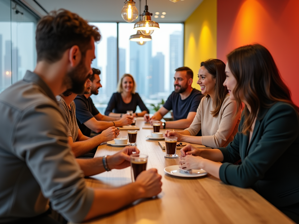 A group of people enjoying coffee and conversation at a wooden table with a city view in the background.