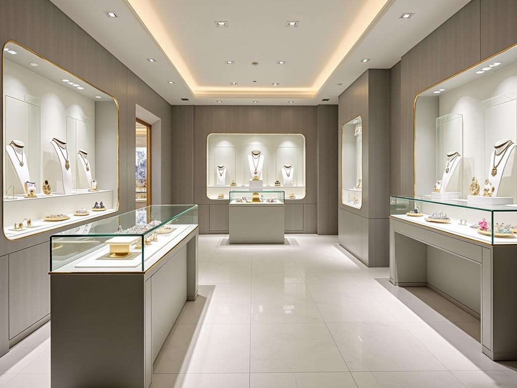 Elegant jewelry store interior with bright lighting and displays of various jewelry pieces.