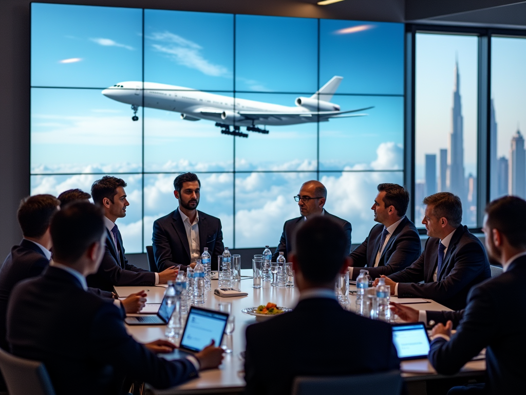 Business meeting in progress with men in suits around a table, city skyline and flying plane visible through window.