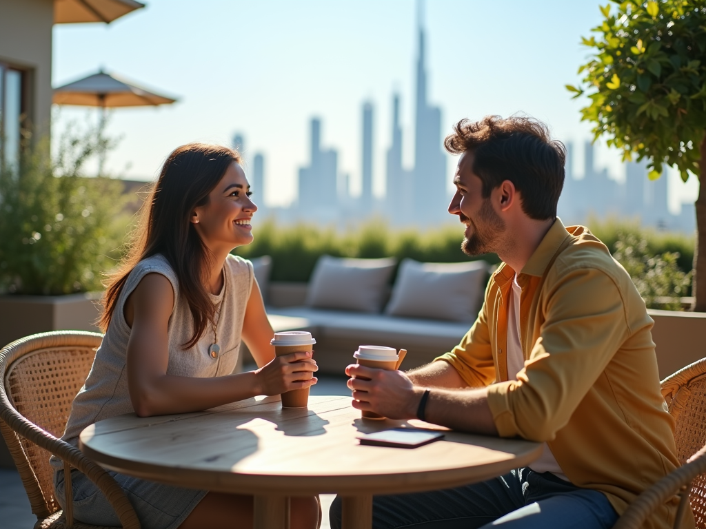 A couple sits at a table, smiling and holding coffee cups, with a city skyline in the background.