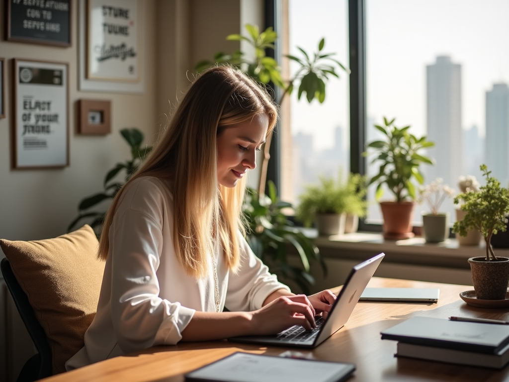 Woman working on laptop in sunny room with city view and plants.