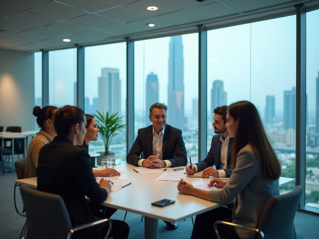 Business meeting with five professionals discussing around a table in a high-rise office with city view.