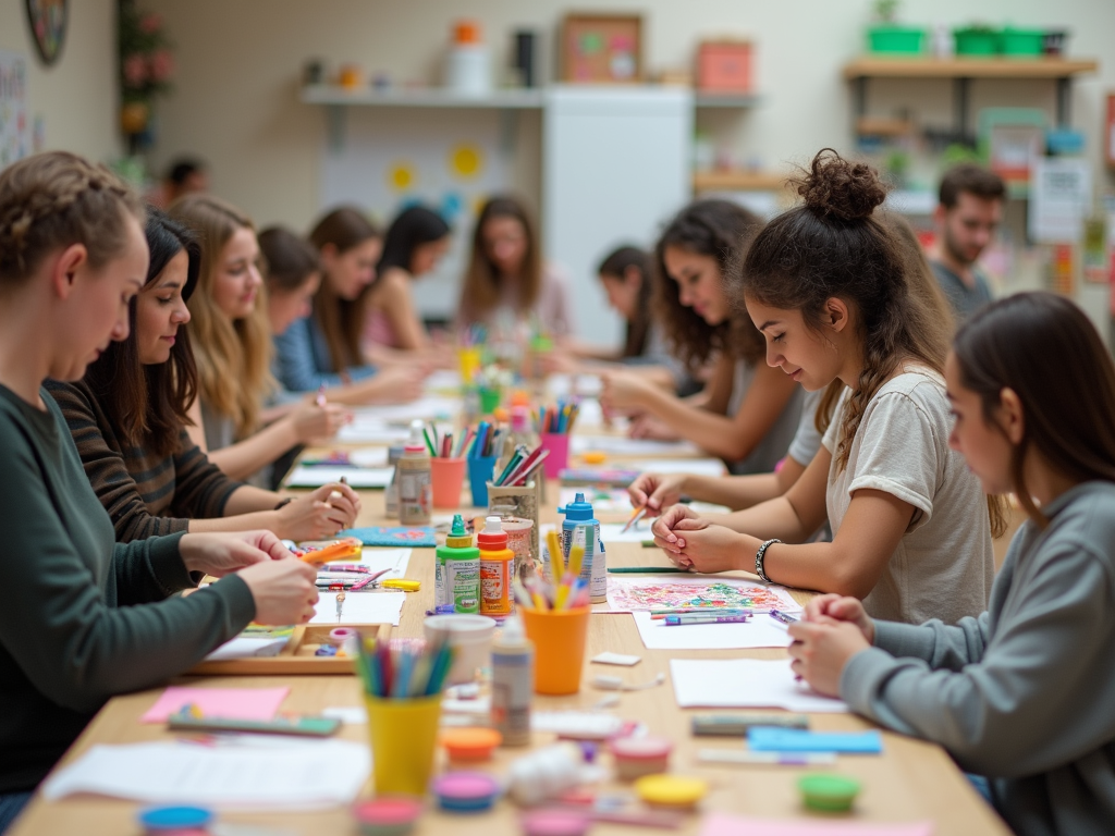 A group of young people engaged in an arts and crafts activity at a long table filled with colorful supplies.