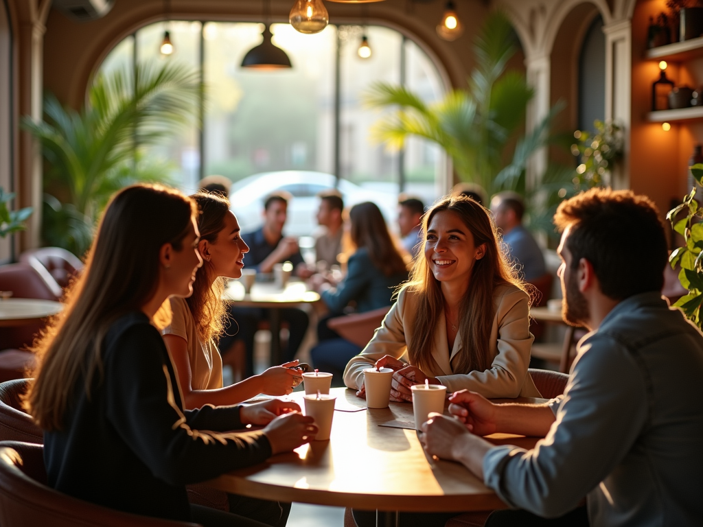 Four friends enjoying coffee and conversation in a cozy café with warm lighting.