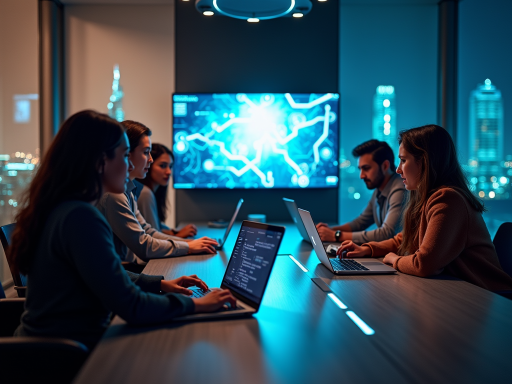 A team of professionals collaborates in a modern meeting room, focused on laptops and a digital display behind them.