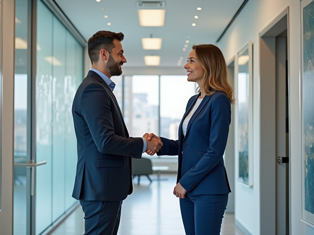 Two professionals in suits shaking hands in a modern office hallway, smiling at each other.