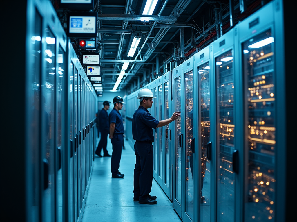 Engineers in hard hats working in a lit server room with rows of data servers.