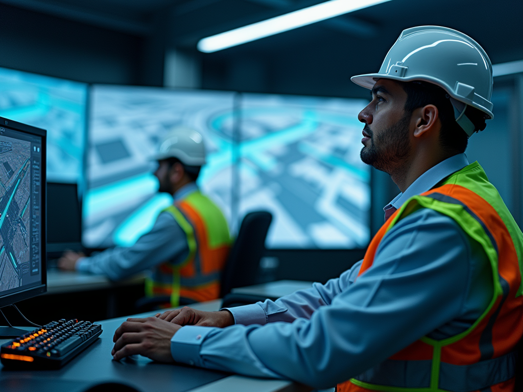 Two engineers in hard hats and vests working at computers with large digital displays of urban planning maps.