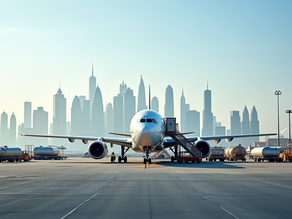 Airplane on tarmac with city skyline in background at dawn.